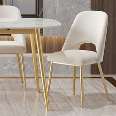 two white chairs sitting at a table in front of a marble wall and wood paneling