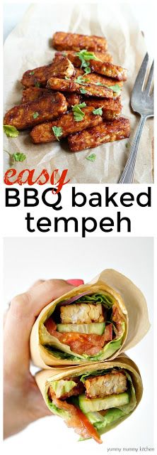 an easy bbq baked tempeh recipe with chicken, lettuce and tomato