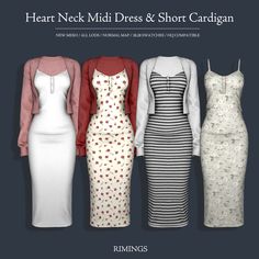 four dresses and jackets are shown in three different colors, with the words heart neck midi dress