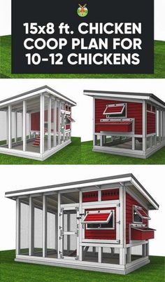 the chicken coop plan for 10 - 12 chickens is shown in three different stages, including one