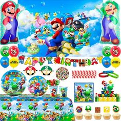 mario birthday party supplies including balloons and decorations