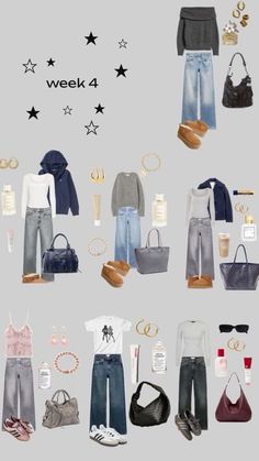 an image of clothes and accessories arranged in the shape of a square with stars on it