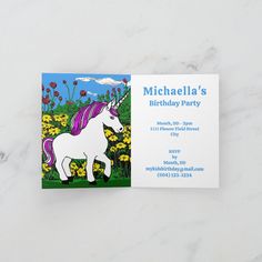 a birthday party card with an image of a unicorn