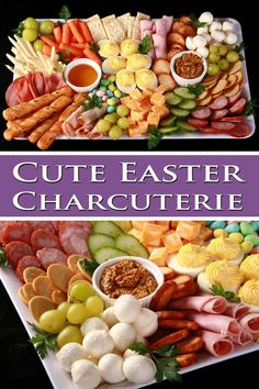 A cute, pastel-coloured Easter charcuterie board, with ham, turkey, cheeses, mini easter eggs, bread sticks, and more. Easter Charcuterie Board, Easter Charcuterie, Easter Brunch, Charcuterie Board, Appetizer, Easter, Cheese, Meat, Texture