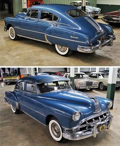 two pictures of an old blue car in a garage with other classic cars behind it