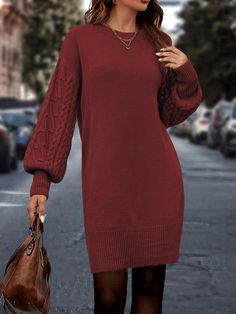 Burgundy Casual Collar Long Sleeve Fabric Plain  Embellished Medium Stretch  Women Knitwear Woollen Dresses, Knit Jumper Dress, Vintage Style 70s, Cable Knit Sweater Dress, Cable Knit Jumper, Shein Dress, Women Long Sleeve Dress, Sweater Dresses