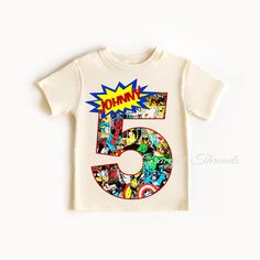 This listing is for one custom Avengers comic Birthday Shirt. This shirt will be customized with the name and age that you choose. Please utilize the personalization box to provide me with the name and age you would prefer. If you would like to add matching family shirts - you can utilize that same personalization box to note the wording that would like on each shirt.  All Tees and sweatshirts are 100% cotton and the raglans are a poly/cotton blend. Shirts are super soft and comfy. They do run t Superhero Character Print Birthday T-shirt, Superhero Character Print T-shirt For Birthday, Superhero Family, Matching Family Shirts, Birthday T Shirts, Avengers Birthday, Avengers Comics, Family Shirts Matching, Lego Party