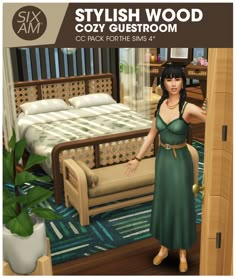 a woman in a green dress standing next to a bed and dresser with the caption, stylish wood cozy guest room cc pack for the sims 4