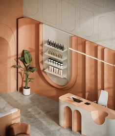 the interior of a salon with pink walls and shelving