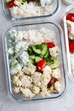 three plastic containers filled with rice, cucumbers, and other vegetables next to each other