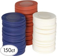 a stack of white, orange and blue poker chips with the words 100ct on it