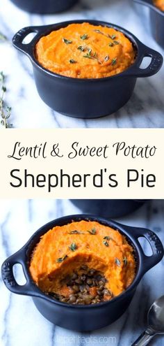 two pictures of lentil and sweet potato shepherd's pie with text overlay