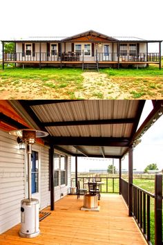 before and after pictures of a covered deck with an outdoor dining area on the other side