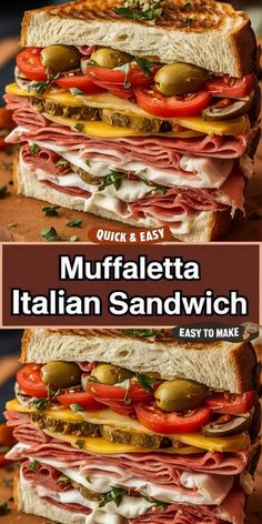 a close up of a sandwich with meat and vegetables on it in front of the words muffaletta italian sandwich easy to make