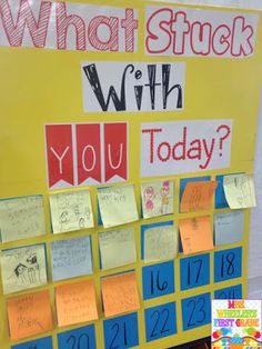 a bulletin board with sticky notes attached to it that says, what stuck with you today?