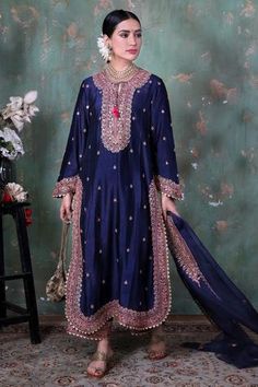 Shop for Niti Bothra Blue Silk Marodi Kurta Palazzo Set for Women Online at Aza Fashions Punjabi Fashion Suits Boutiques, Punjabi Suits Online Shopping, Punjabi Suit Boutique, Suits Usa, Kurta Palazzo Set, Punjabi Fashion, Designer Punjabi Suits, Kurti Patterns, Designer Kurti Patterns