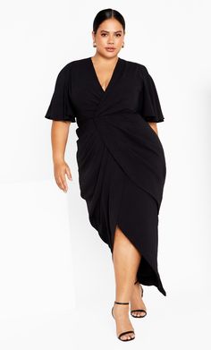 Fall head over heels for the Braelynn Maxi Dress! A style you'll reach for over and over again, this dress flaunts a charming tulip skirt, short flutter sleeves and front draping detail that will dial up your silhouette! Key Features Include: - V-neckline - Short flutter sleeves - Front draping detail - Tulip skirt - Back zip and hook closure - Lined - Maxi length Coordinate with gem-detailed accessories for fabulous glam. | Plus Size Braelynn Maxi Dress in Black, Size 24 | City Chic Dresses For Apple Shape, Plus Size Wedding Guest Dresses, Maxi Design, Spring Maxi Dress, Plus Size Cocktail Dresses, Fall Wedding Guest Dress, Tulip Skirt, Maxi Bridesmaid Dresses, Plain Dress