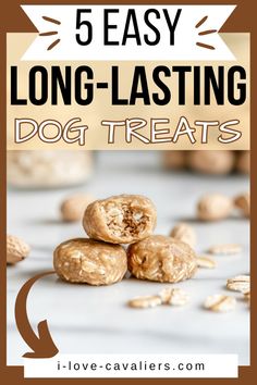 dog treats stacked on top of each other with text overlay reading 5 easy long - tasting dog treats