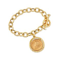 Italian 18kt Gold Over Sterling Replica Lira Coin and Oval Link Toggle Bracelet. 7" | Ross-Simons Gold Medallion Jewelry With Toggle Clasp, Elegant Jewelry With Coin Pendant And Oval Link, Elegant Medallion Jewelry With Toggle Clasp, Elegant Gold-tone Coin Jewelry, Collectible Gold Oval Link Jewelry, Gold Coin Jewelry, Silver Braided Bracelet, Coin Charm Bracelet, Front Back Earrings