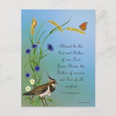 a bird sitting on top of a flower next to a blue sky with a butterfly