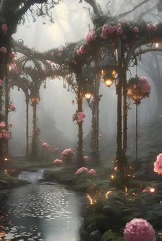 an image of a forest with flowers and lanterns