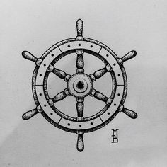 a black and white drawing of a ship's steering wheel with the letter m on it