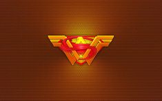 the superman logo on a brown background with red and yellow colors, as well as an arrow