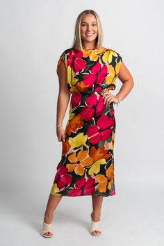 Tropical floral maxi dress fuchsia floral Pink Maxi Dress With Vibrant Print For Brunch, Flowy Midi Maxi Dress With Vibrant Print, Spring Brunch Maxi Dress With Vibrant Print, Multicolor Floral Print Maxi Dress For Brunch, Multicolor Maxi Floral Dress For Brunch, Pink Floral Print Maxi Dress, Flowy Maxi Dress With Vibrant Print For Garden Party, Vacay Dress, Tropical Maxi Dress