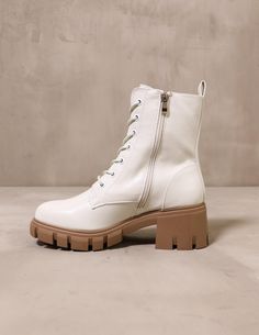 back of the speed of white chinese laundry boot with chunky brown lug sole - elle bleu shoes Speed Of Light, White Boots, Chinese Laundry, Lug Sole, Ivory White, Timberland Boots, Side Zipper, Combat Boots, Vegan Leather