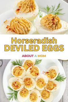 deviled eggs on a white plate with text overlay