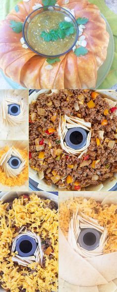 four pictures show different types of food on plates and in the middle there is a pie