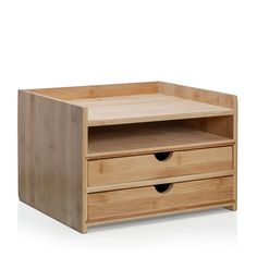 a wooden entertainment center with two drawers on one side and an open drawer on the other