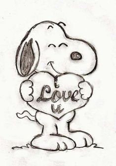 a drawing of a dog holding a heart with the words love u written on it