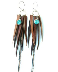 Hand cut from rescued leather, these earrings are handmade and each pair is unique and original.  Shades of brown leather will vary due to us using rescued leather.  Earrings are adorned with gold plated turquoise druzy stones and hang from gold-filled ear wires.   Earrings hang to shoulder length (tips of chain) ssd jewelry © 2016 Wake Forest Nc, Patina Earrings, Cowgirl Jewelry, Wake Forest, Homemade Jewelry, Shades Of Brown