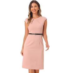 This classic sheath office work dress with the tie belted can perfectly show your waistline. A business casual style dress is designed with short cap sleeves and a pleated front round neck, the quality details make dresses more elegant. Suitable for summer and many occasions, such as casual daily wear, business, cocktail parties, interviews, office work, meetings, etc. Business Casual Style, Work Meetings, Sheath Dresses, Fashion Business Casual, Dresses Pink, Cocktail Parties, Work Dress, Fashion Dresses Casual, Sweater Dress Midi