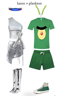 a green shirt, shorts and sneakers are arranged in the shape of an alien costume