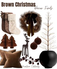 brown christmas decor finds on white background with text overlay that reads, brown christmas decor finds