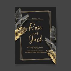 a black and gold wedding card with palm leaves on the front, in an art deco style