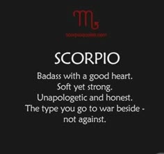 the zodiac sign for scorpio is shown in black and white with red lettering