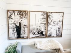 three black and white photos hang on the wall above a bench in a living room