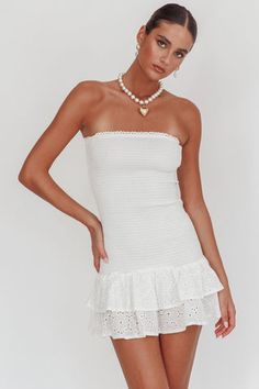 Shop the Zoey Lace Overlay Flounce Hem Midi Dress White | Selfie Leslie Feminine Strapless Dress With Lace Trim, Strapless Lace Trim Dresses For Brunch, Strapless Dress With Lace Trim For Date Night, Strapless Dresses With Lace Trim, Selfie Leslie, Midi Dress White, Italy Summer, White Midi, Makeup Stain