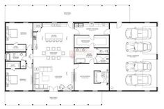 the floor plan for a two story house with three car garages and an office