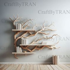 a book shelf with books on it in front of a wall mounted tree branch sculpture