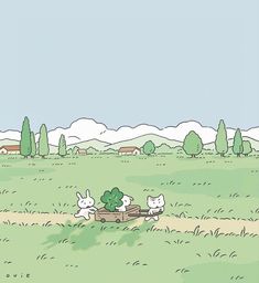 an image of rabbits in the grass with trees and houses behind them on a sunny day