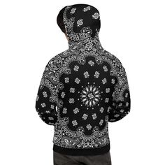 Black bandana all-over Hoodie This comfy unisex hoodie has a soft outside with a vibrant print, and an even softer brushed fleece inside. The hoodie has a relaxed fit, and it's perfect for wrapping yourself into on a chilly evening. * 70% polyester, 27% cotton, 3% elastane * Fabric weight: 8.85 oz/yd² (300 g/m²) * Soft cotton-feel fabric face * Brushed fleece fabric inside * Double-lined hood with design on both sides * Unisex style * Overlock seams * Comes with drawstrings RETURN & EXCHANGE All Over Print Cotton Hoodie For Streetwear, Cotton Hoodie With All Over Print For Streetwear, Casual Black Bandana For Winter, Casual Black Winter Bandana, Winter Cotton Hoodie With All Over Print, Winter Hoodie With All Over Print, Winter Hoodie Sweatshirt With All Over Print, Winter Streetwear Hoodie With All Over Print, Bandana Hoodie