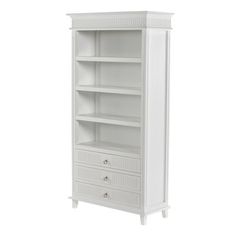 a white bookcase with drawers and drawers on the bottom, in front of a white background