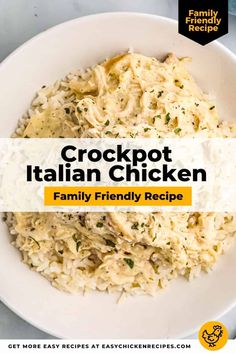 crockpot italian chicken family friendly recipe on a white plate with text overlay