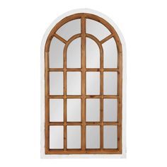 an arched wooden window with glass panes