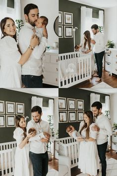 a man and woman standing in front of a white crib with their baby girl