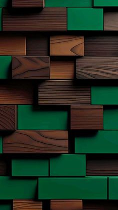 wood planks are stacked together in the shape of an abstract wallpaper pattern with green and brown colors